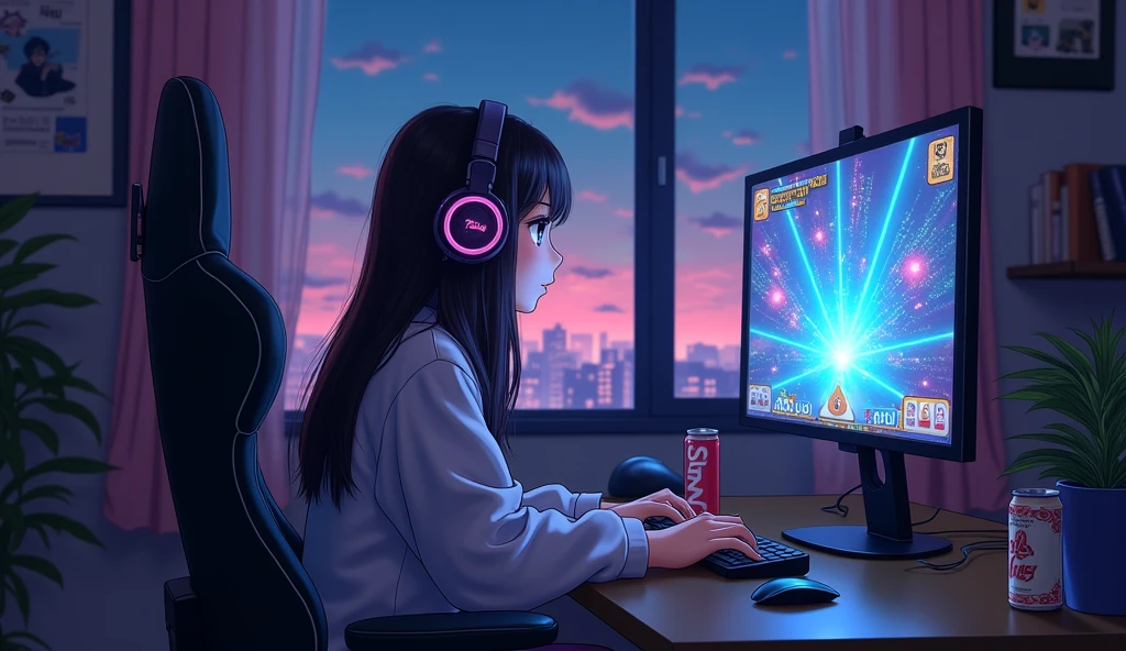 Perfect image, 8k, Energy Drinks、Sit in a gaming chair、Dimly lit room、A high school girl playing a rhythm game on a PC、cute、long hair、 Loungewear、Using headphones,、looks fun、Outside the window is a 2D-style anime of a cityscape, Lo-Fi、night、Retro、Anime style illustrations