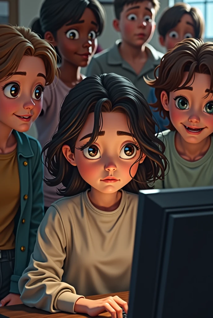 The girl is sitting at the computer, everyone is surrounding her