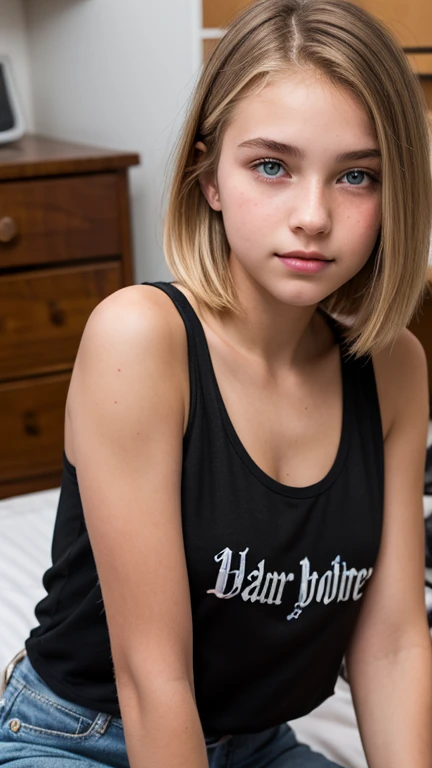 (realistic),18 yo blonde teen girl . Full lips. Eyes wide. Very short hair,  well-trained body, black t-shirt, sleeveless t-shirt, extremely detailed black top,