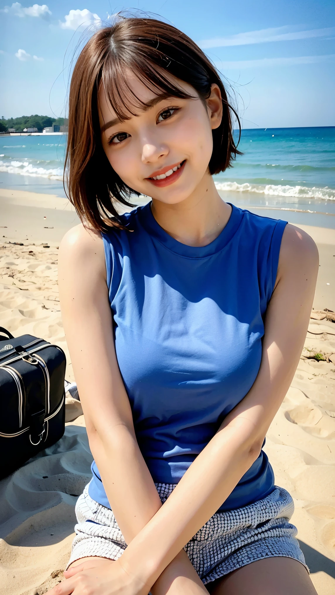 Top quality, one beautiful woman, summer fashion, at beach, smile, short hair