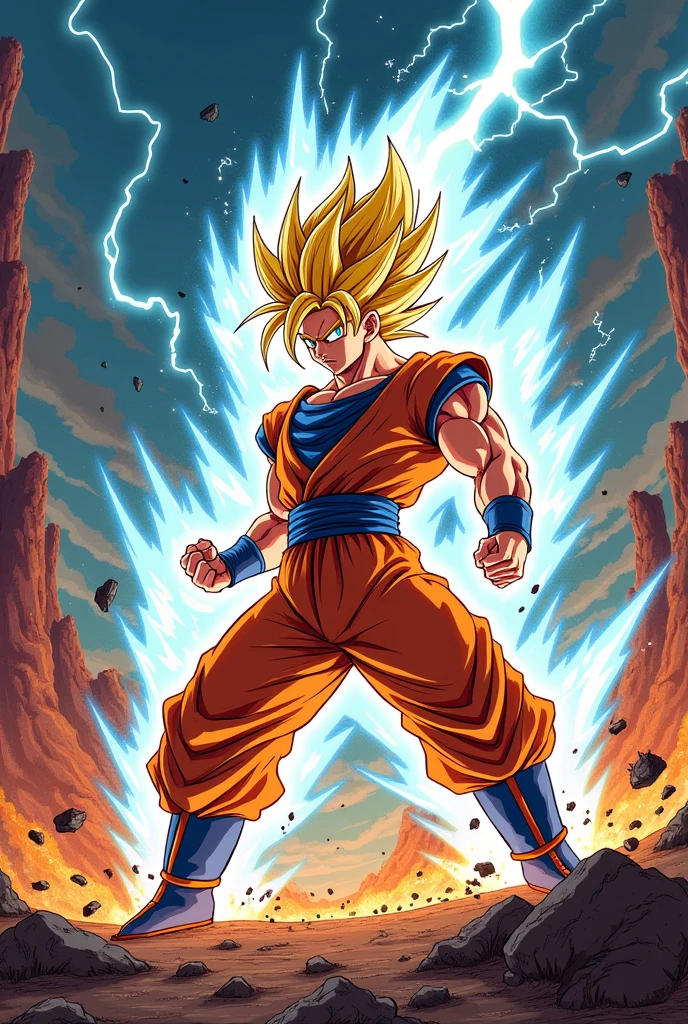 Create an action-packed illustration inspired by Dragon Ball Z, featuring a powerful Saiyan character in the midst of an intense battle. The character should be surrounded by a glowing aura of energy, with their hair spiked up in Super Saiyan form, and their muscles tensed as they prepare to unleash a devastating attack. The background should depict a dramatic, rocky landscape with craters and debris flying from the force of their power. Incorporate dynamic FX elements like crackling lightning, energy blasts, and shockwaves to capture the iconic style and intensity of Dragon Ball Z. The scene should be vibrant, with bold colors and exaggerated expressions, staying true to the anime's distinct, high-energy aesthetic, lineart Art