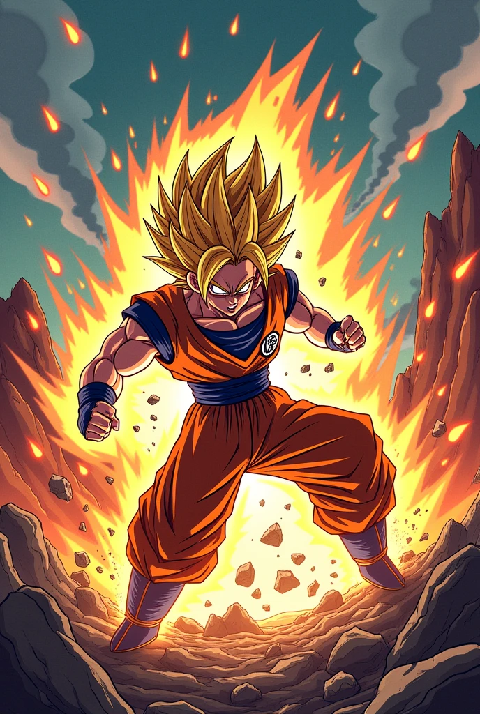 Create an action-packed illustration inspired by Dragon Ball Z, featuring a powerful Saiyan character in the midst of an intense battle. The character should be surrounded by a glowing aura of energy, with their hair spiked up in Super Saiyan form, and their muscles tensed as they prepare to unleash a devastating attack. The background should depict a dramatic, rocky landscape with craters and debris flying from the force of their power. Incorporate dynamic FX elements like crackling lightning, energy blasts, and shockwaves to capture the iconic style and intensity of Dragon Ball Z. The scene should be vibrant, with bold colors and exaggerated expressions, staying true to the anime's distinct, high-energy aesthetic, lineart Art