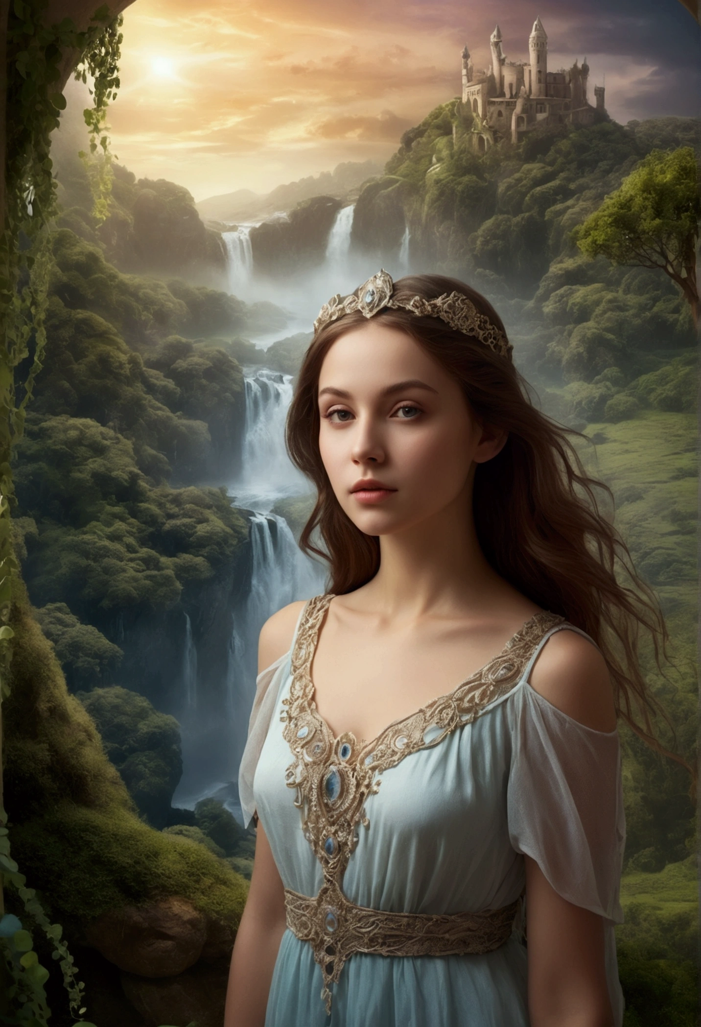 Mystical landscape with a beautiful young woman, photorealistic style, ethereal background 
