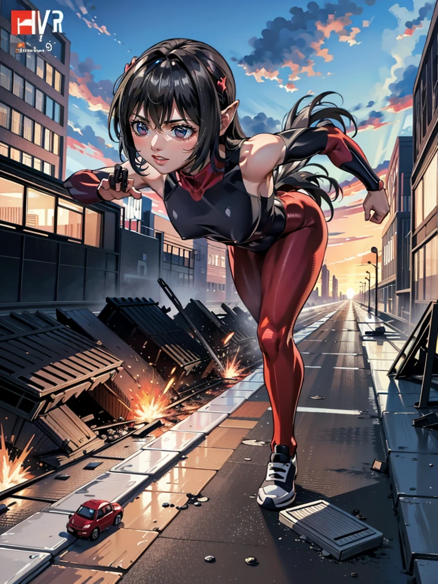 (Giant Elements、High resolution、High resolution、high quality、Accurate body structure、Detailed body)、(Small person running away from giant woman々:1.6)、rubble、Destroyed small building、Collapsed highway、Cars are crushed
