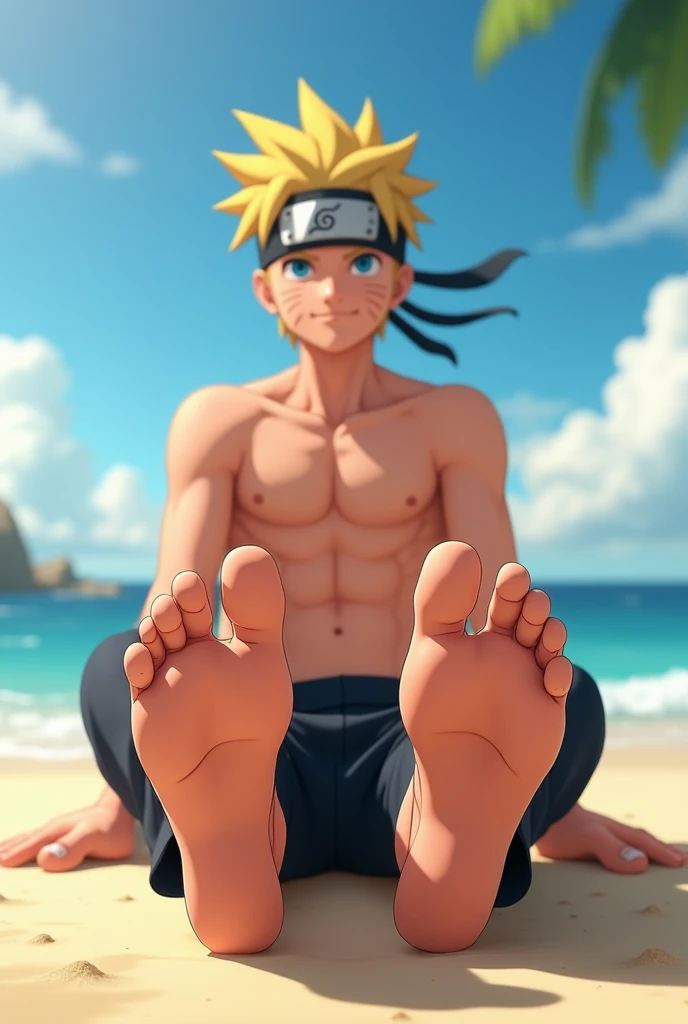  Realistic style animated image in HD quality of Naruto Uzumaki barefoot showing the soles of his feet from below close to the camera Sitting on the beach facing forward without a shirt Showing correct anatomy Showing smile Showing six pack 2 feet 5 toes on each foot Showing lighting details on his feet Showing the soles of his feet close to the camera Showing realistic texture Showing perfect feet
((masterpiece)) 
