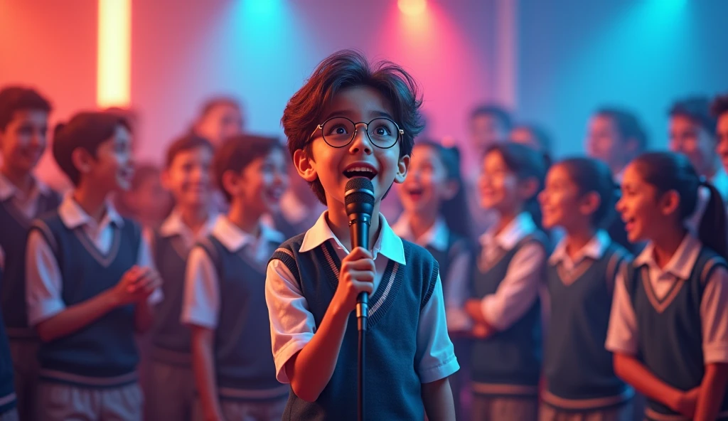 Create a highly realistic image of a boy wearing glasses and a school uniform, singing into a microphone in a studio setting. Ensure the boy is clearly visible and well-presented. In the background, include students displaying friendship and camaraderie. The title "Navodaya Ki Dosti" should be prominently written in bold text on the image, capturing the essence of both the individual performance and the group’s friendship.