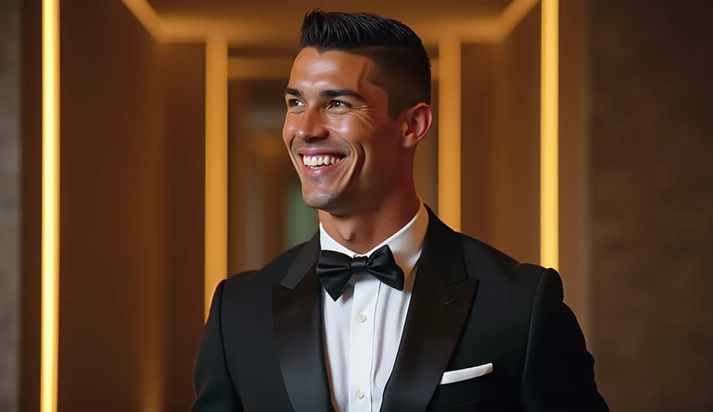 Christiano Ronaldo in rich suit smiling and lots of money in back ground and a bright light in face