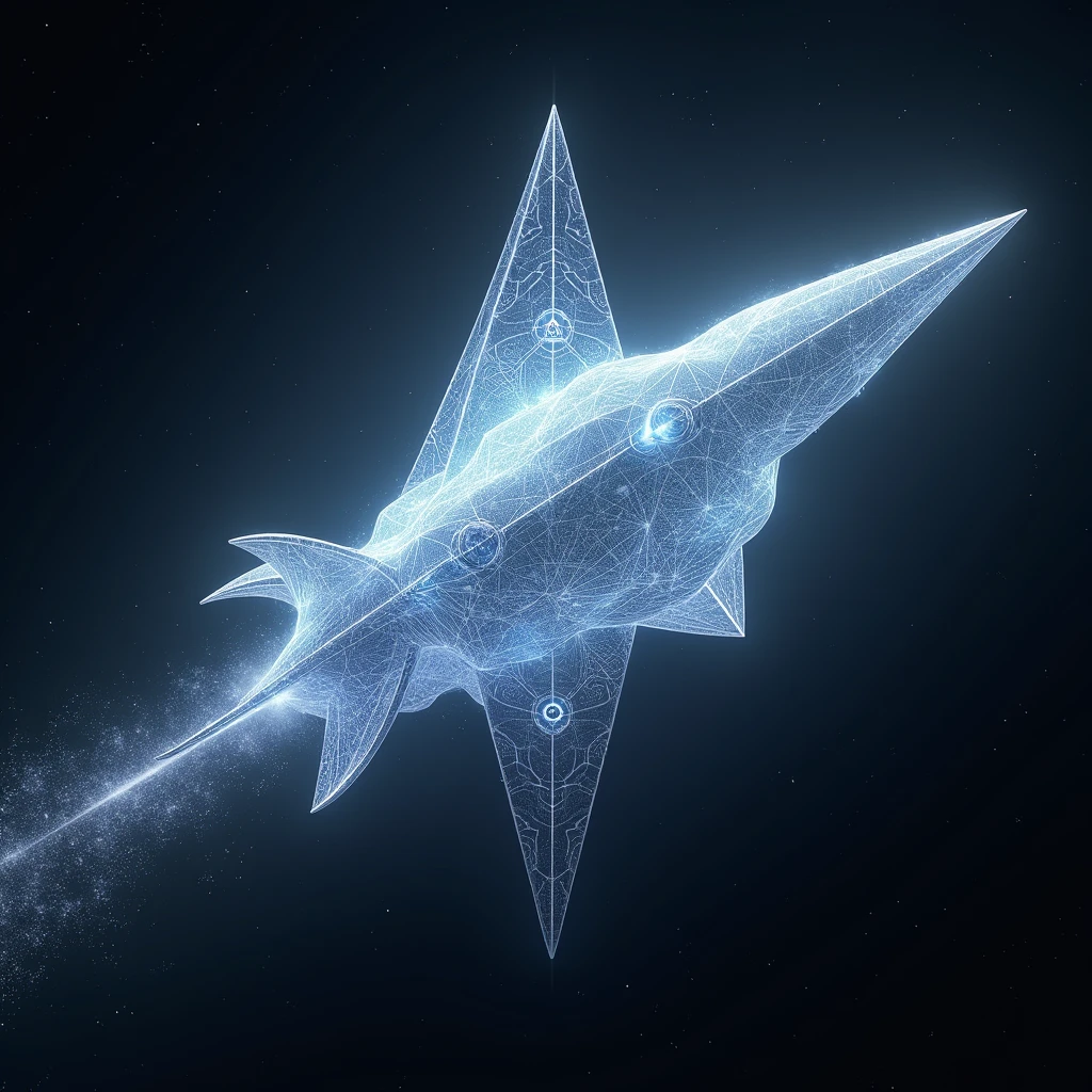 Imagine an Arcturian starship that is not built from metal but from pure energy and sacred geometry. The ship’s structure is based on complex polyhedral forms and sacred symbols, glowing with soft, pulsating light. The starship navigates through space surrounded by a geometric aura, leaving a trail of fractal energy behind as it moves.