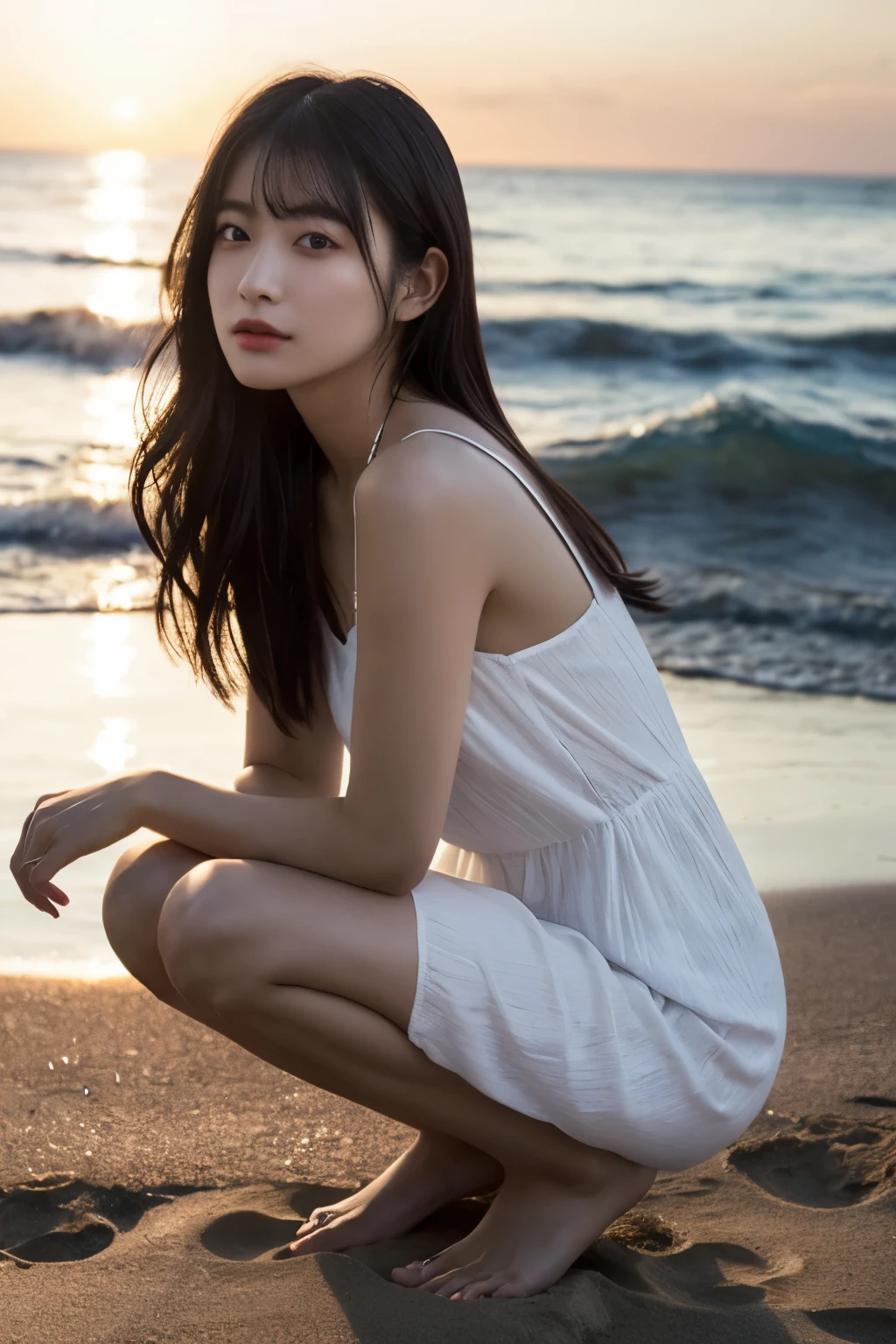 1 girl, (Wear a clean white summer dress:1.3), Very beautiful Japanese idol portraits, 
(RAW Photos, highest quality), (Realistic, Realistic:1.4), (masterpiece), 
Very delicate and beautiful, Very detailed, 2k wallpaper, wonderful, finely, Very detailed CG Unity 8k 壁紙, Very detailed, High resolution, Soft Light, 
Beautiful detailed girl, Very detailed目と顔, Beautiful and sophisticated nose, Finely beautiful eyes, Cinema Lighting, 
(Fashion magazine photography:1.3), (Sunset at sea), (The deep indigo of the night sky contrasts with the last vestiges of crimson near the horizon.:1.3), (Dark Background), (Swaying Waves), 
(Semi-long hair), (The girl is squatting on the beach:1.4), (Silhouette of a girl),
Complete Anatomy, Slender body, Small breasts