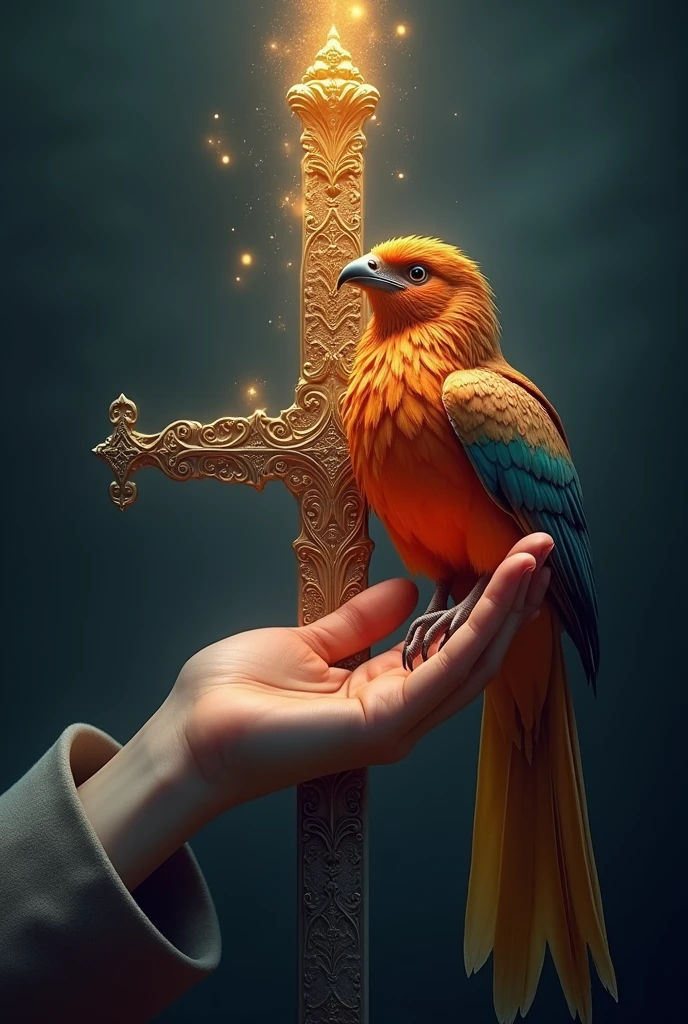 a hand holding a phoenix in a sword