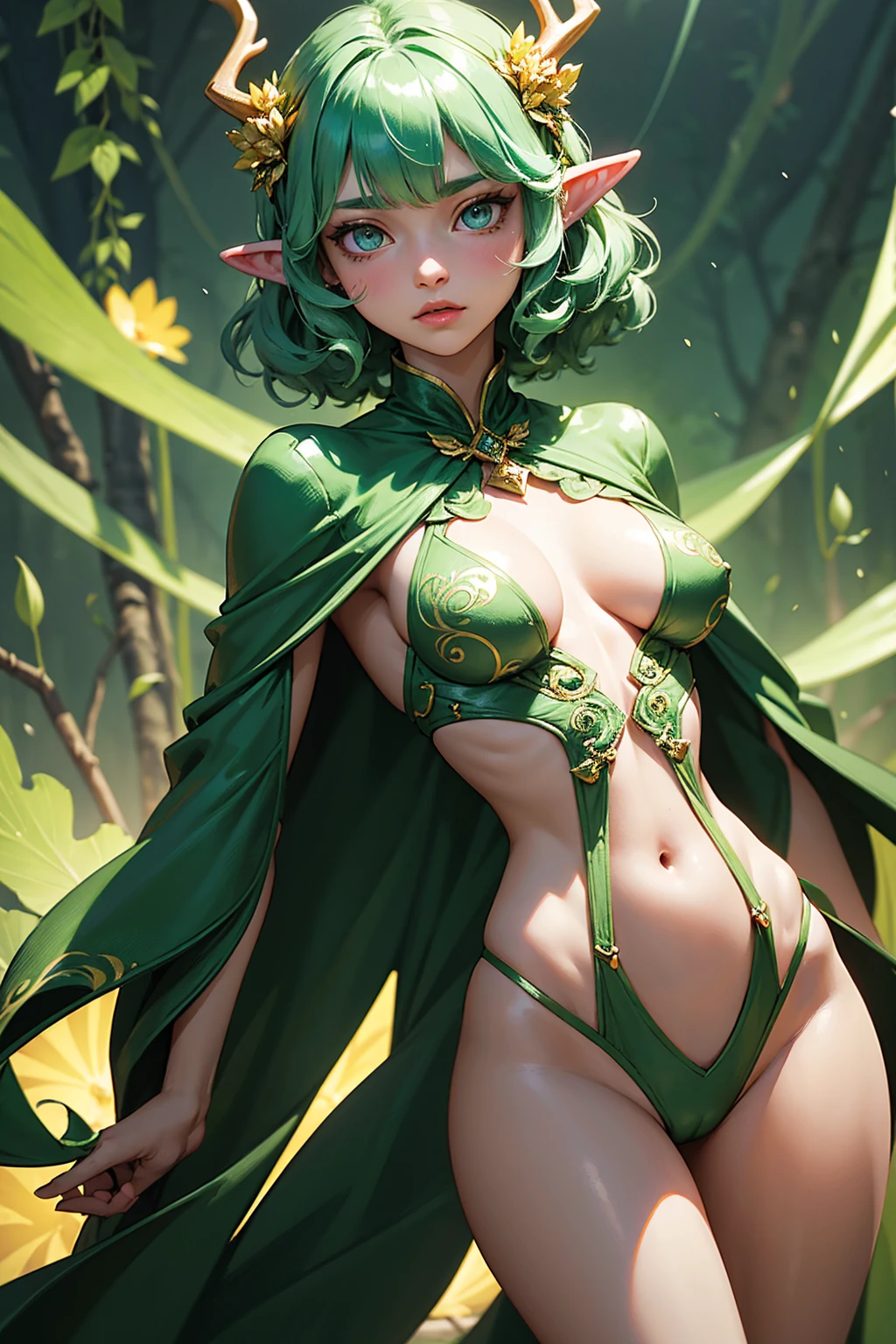 Jungle like environment. A lithe young Woman with a deep, green plant like skin tone and a B-cup-Bust. She short has leaf green curly hair & is wearing a form-fitting bodysuit with a deep neckline, exposing much of her chest area & slightly revealing mythic flowing Black-Purple-Green cloak with Golden Floral designs. She has Serious yet gentle gaze in her heterochrome eyes, with One eye being a deep green and the other being a light gold. She has long crystal blue antlers radiating Floral energy & a set of quaint elven ears. She has a small cute nose She is seen in a battle stance radiating a floral energy