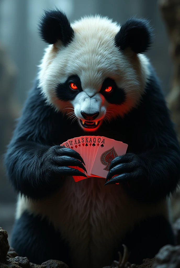 A demonic panda holding a deck of cards,panda demon,panda playing cards,panda with playing cards,red panda monster,fantasy panda creature,sinister panda,detailed panda monster,panda supernatural being,panda with playing cards in its claws,panda in dark moody lighting,panda demon in hellish environment,dramatic panda portrait,high contrast panda demon,panda with glowing red eyes,panda with sharp fangs and claws,panda in dark mysterious atmosphere,(best quality,4k,8k,highres,masterpiece:1.2),ultra-detailed,(realistic,photorealistic,photo-realistic:1.37),cinematic lighting,dramatic shadows,moody lighting,dark fantasy art