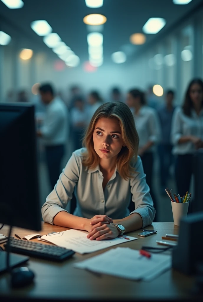 A woman sits at a computer, tired, everyone surrounded her