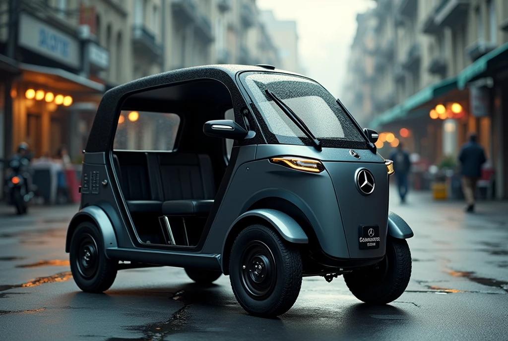 Mercedes' new tuk-tuk、Shallow depth of field、(masterpiece:1.3) (最high quality:1.2) (high quality:1.1)、Cinematic Light, ((Cinema Lighting),(Natural light),(High level of artistry),(artistic),(Indistinguishable quality from the real thing),RAW Photos,Genuine,Genuine,High resolution,RAW Photos,masterpiece, beautiful,