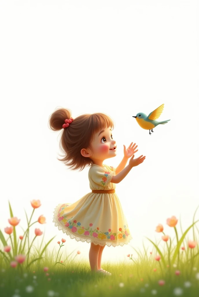 white background,best quality,cute liitle girl standing on grass,she look at the little bird,rais her hands to the little bird,cute little bird flying,cute colorful frock wearing the girl,smiling face