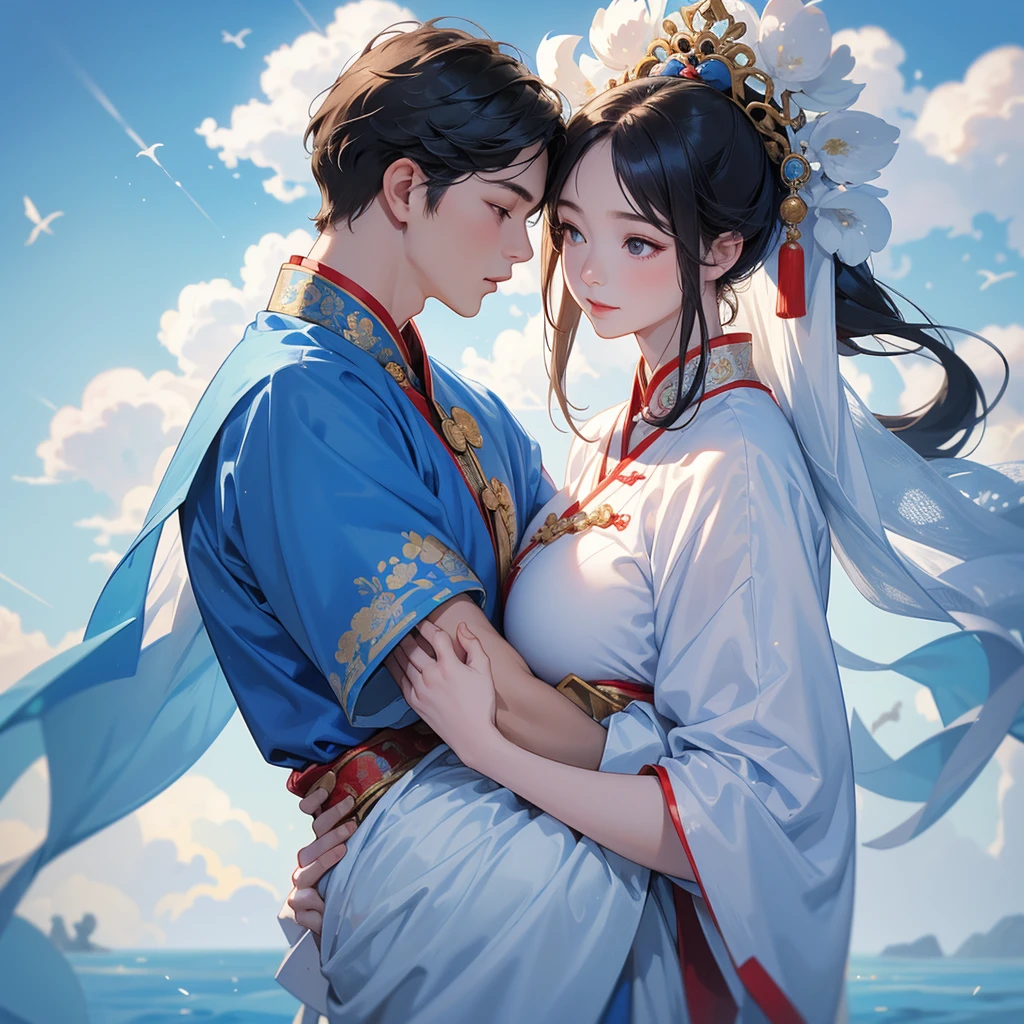 A one-year-old baby boy in an ancient Chinese baby costume with his beautiful mother, dressed in an white ancient Chinese costume, There are some floating clouds, playing with each other, with his handsome father standing next to his mother, close up.
Background is a blue sky, with low floating blue clouds all over the area.