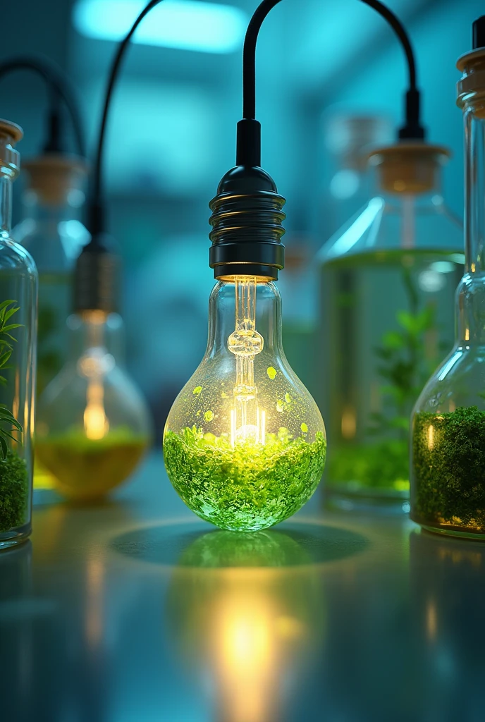 create an image of a model for this experiment research topic “The Efficacy of Algae’s Photosynthetic Ability to Produce Electricity by an Examination of Bioconversion Efficiency” use small light bulb as an example, it should included wirings, containers and algae species. it should really look like experiment 