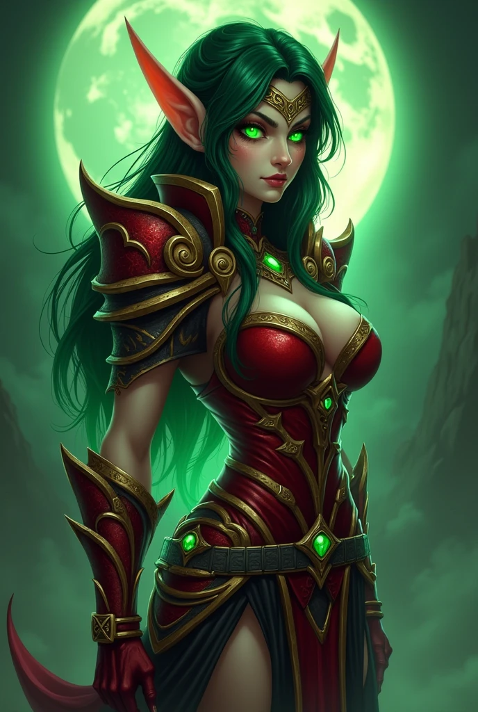 Tema del juego World of Warcraft,fullmoon,extremeley curvaceous buxom bimbo vixen female elf,very bright green glowing eyes, Imagen de una female elf Valeera Sanguinar,intense flirty stare,side view ,elfa guapa y hermosa edad 32 de cabello Rubio de pie sosteniendo dos Dagas Jambiya Verdes Cortas brillantes favoritas una en cada mano ,blood elf Assassin Wow, wide hips, narrow waist, gigantic humungus breasts,extremely curvaceous, Long elf ears, ((((Very Bright glowing Green eyes))), Red Light female Assassin Armor with emeralds , Red Pauldrons, Red skull Pauldron with emeralds, Gold and Red Chestpiece, Red and black Gauntlets, Black tabard, tonos dramáticos.