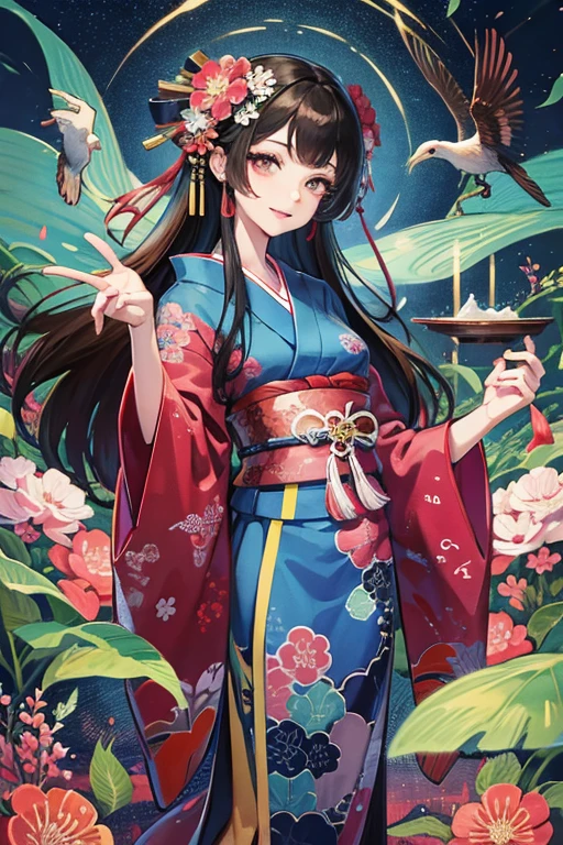 A beautiful woman in a kimono shows her white teeth、Vividly colored Japanese Ukiyo-e style illustrations、SeaArt creates stunning illustrations of beautiful women in kimono、Brown-black long hair、Full Body Style、Beautiful digital illustrations,、Beautiful digital painting, Anime CG art, Detailed digital anime art, Beautiful anime portraits