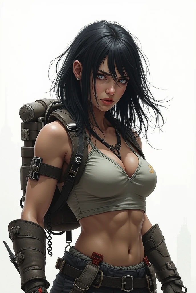 a beautiful athletic broad woman with medium shaggy black hair and grey eyes, post-apocalyptic style clothes, in the style of an emotional drawing, white background, 8k