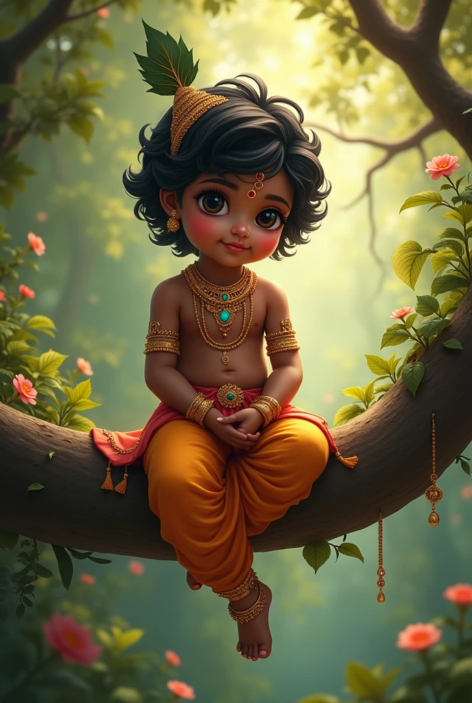 Little Krishna sit down on tree