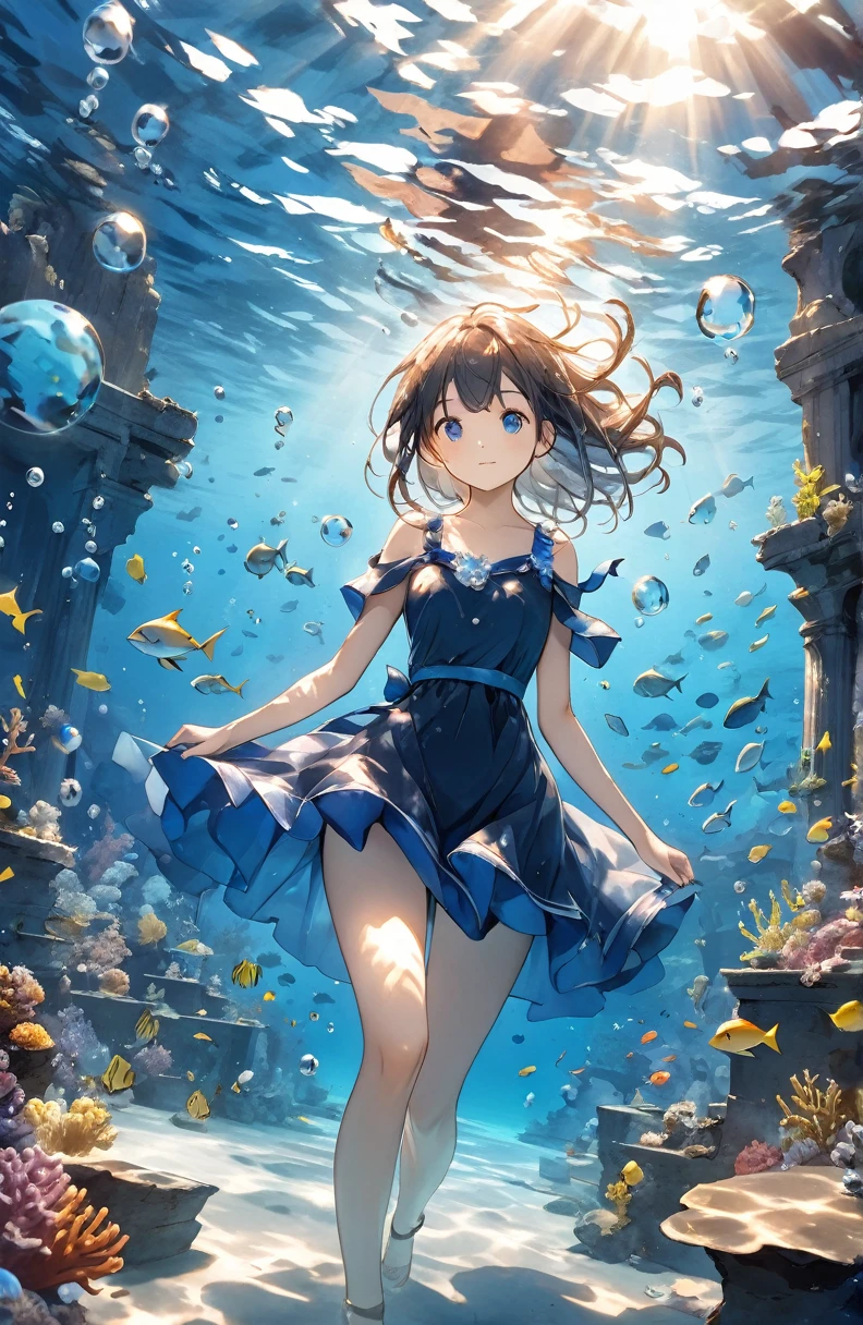 Beautiful girl、Mystical Feelings、cute１７of age、Underwater walking,Underwater Walking、Underwater swimming、超High resolution, High resolution, 4K, 8k,close,Sunken Ruins、Girl in the water、water、surrounded by bubbles、A world of deep blue、 Working with deep blue shades