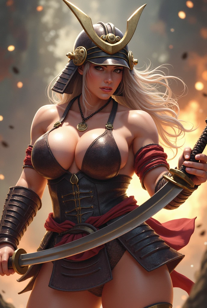 Woman samurai with big breast, heavy muscle, naked big bosom, pink nipples, with katana, more muscle, much muscular, wider shoulder, make her wet, heavy muscle arms, wearing samurai helmets, with full armor, hole body