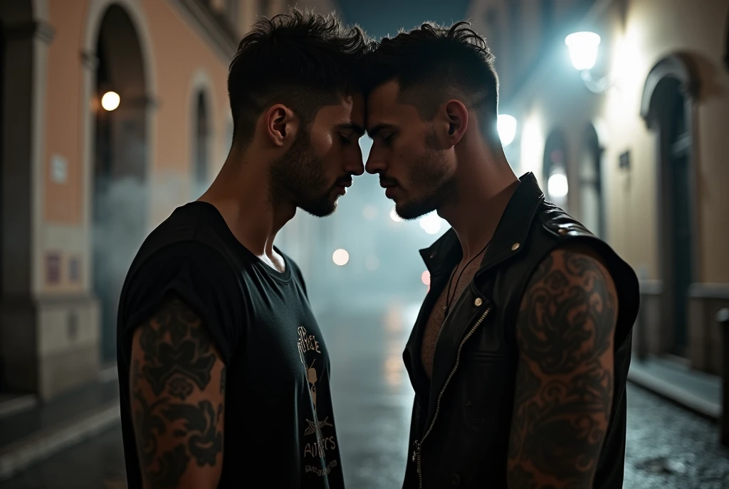 The protagonist's close-up multi-angle shooting.Midnight, street in Rome, two handsome young Italians, short hair, gay art, one wears a shirt with a beard on the back, the other wears a leather vest with tattoos, ambiguous atmosphere, film texture, ground reflection, romantic  background scattering 1.8 HD 8k real photos! Sex. Chest muscles! Chest hair! ((Monochrome)), ((grayscale)),tattoo. white hair Smoke, movie feeling! Movie lights! Award-winning poster Ambiguous and teasing
