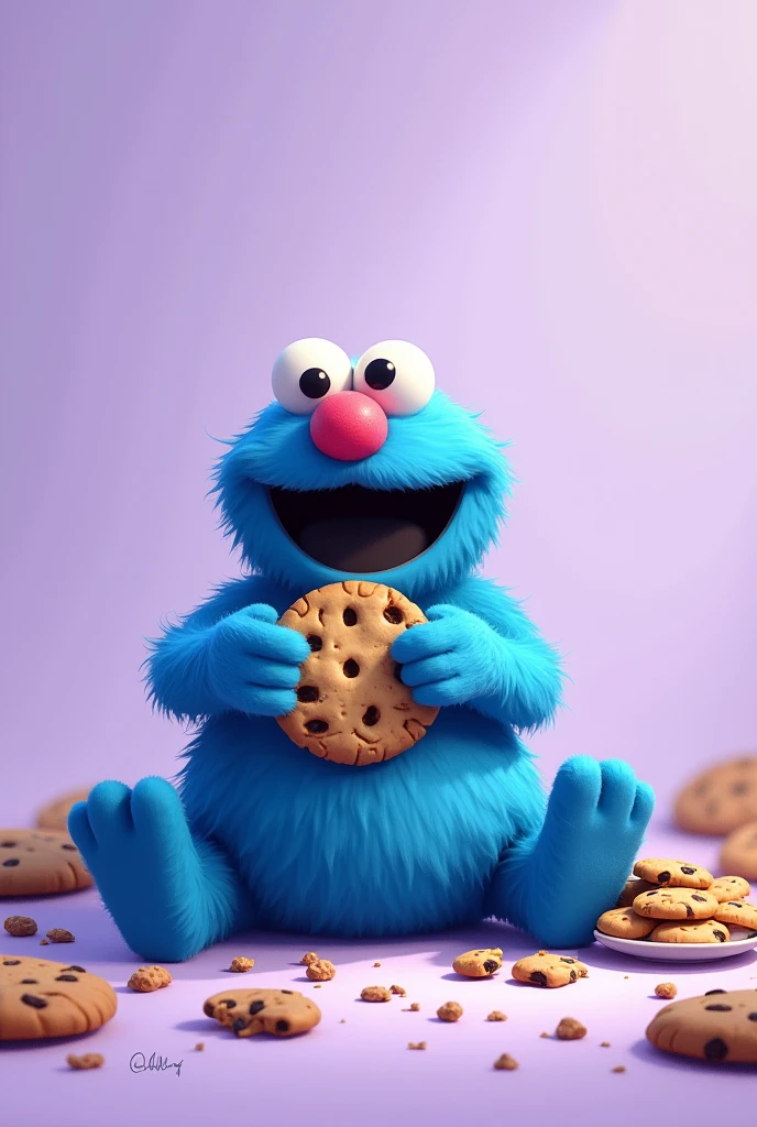 DAME MAKING IMAGES OF COOKIE EATER FROM ELMO'S WORLD, THAT BLUE CHARACTER WITH A LIGHT PURPLE BACKGROUND