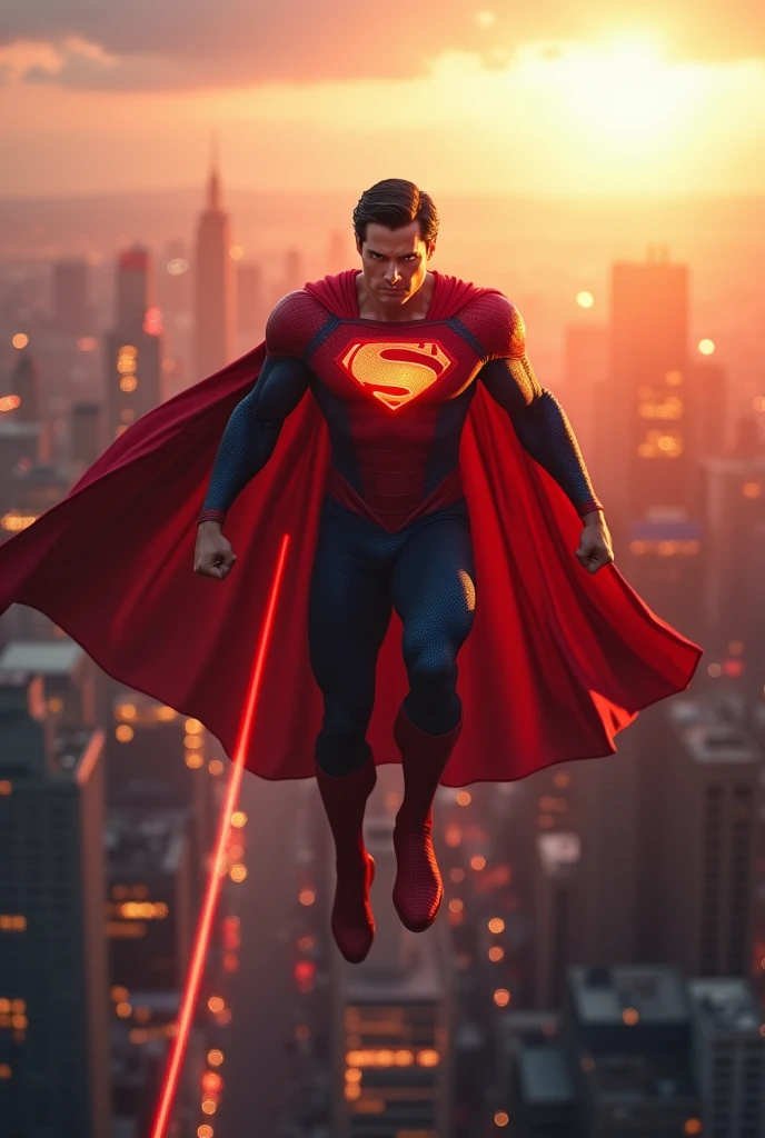 Spiderman got superman power flying in sky with red laser eyes 