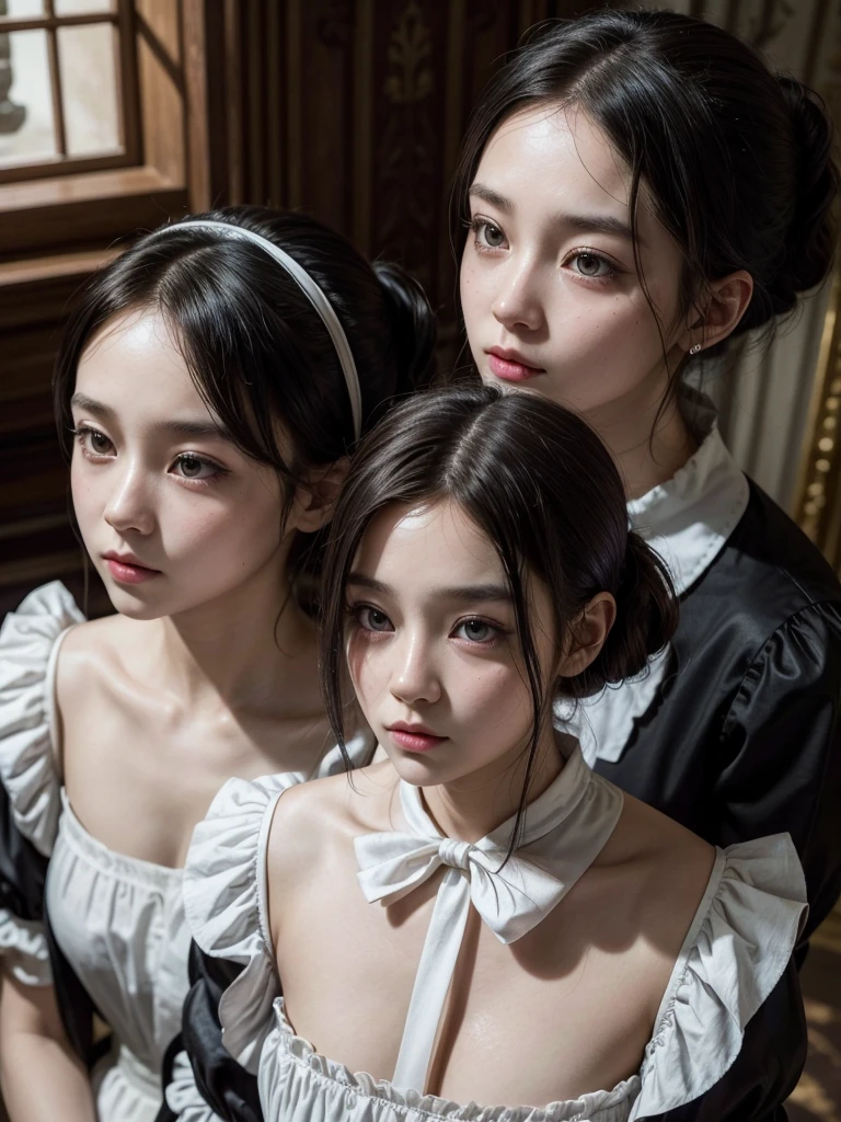 Two girls inside a castle, well lit and beautiful. Maid dressed as a maid with a long old maid dress and black hair tied in a low ponytail, serious and serene expression on Jisoo&#39;s face, blackpink jisoo, while hugging or interacting with a princess, long ash blonde hair, Jennie Kim, jennie blackpink, beautiful dress in greyish blue, with flights and ruffles, nice cleavage and big breasts, Serene but shy expression and with slight sadness. Girls together, Muammmuy princesa, in a room of the castle, some candles.