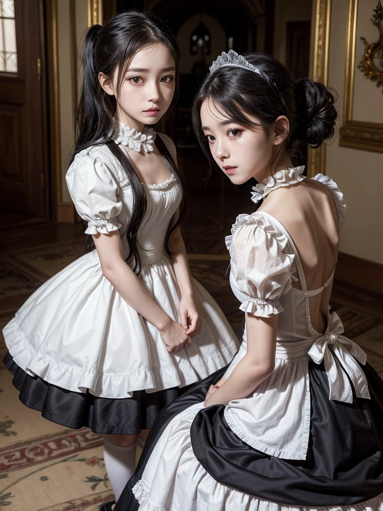 Two girls inside a castle, well lit and beautiful. Maid dressed as a maid with a long old maid dress and black hair tied in a low ponytail, serious and serene expression on Jisoo's face, blackpink jisoo, while hugging or interacting with a princess, long ash blonde hair, Jennie Kim, jennie blackpink, beautiful dress in greyish blue, with flights and ruffles, nice cleavage and big breasts, Serene but shy expression and with slight sadness. Girls together, Muammmuy princesa, in a room of the castle, some candles.