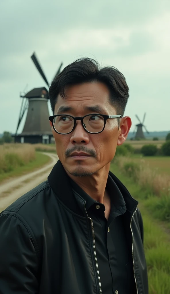 a 40 year old Indonesian man,oval face,glasses,short hair,black bomber jacket,rural landscape,Dutch windmills,detailed portrait,hyper-realistic,cinematic lighting,dramatic composition,masterpiece,ultra-detailed,photorealistic,highly detailed,sharp focus,professional,vibrant colors,natural lighting