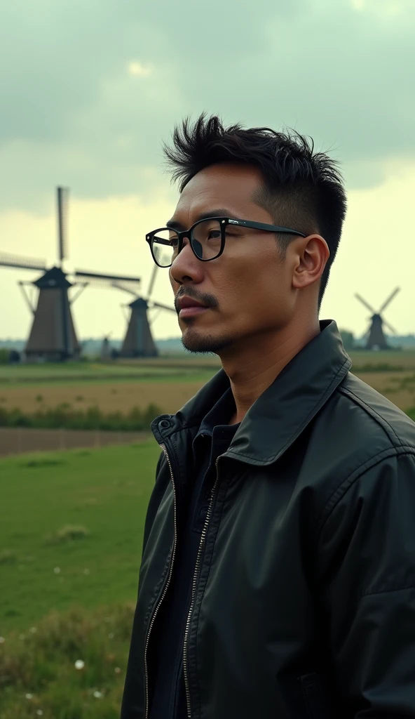 a 40 year old Indonesian man,oval face,glasses,short hair,black bomber jacket,rural landscape,Dutch windmills,detailed portrait,hyper-realistic,cinematic lighting,dramatic composition,masterpiece,ultra-detailed,photorealistic,highly detailed,sharp focus,professional,vibrant colors,natural lighting