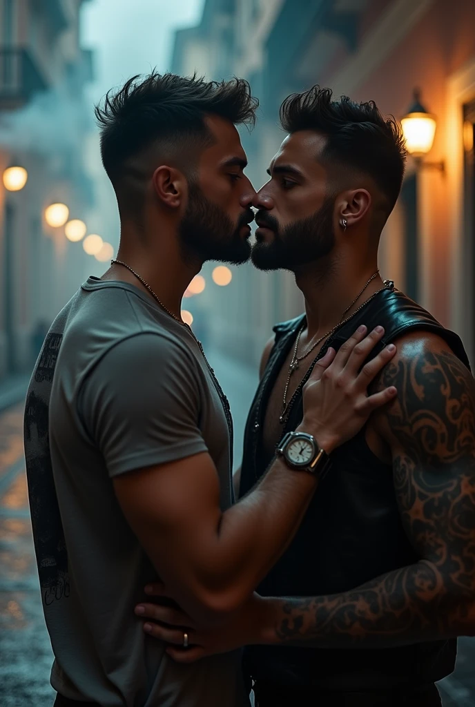 The protagonist's close-up multi-angle shooting.Midnight, street in Rome, two handsome young Italians, short hair, gay art, one wears a shirt with a beard on the back, the other wears a leather vest with tattoos, ambiguous atmosphere, film texture, ground reflection, romantic background scattering 1.8 HD 8k real photos! Sex. Chest muscles! Chest hair! ((Monochrome)), ((grayscale)),tattoo. white hair Smoke, movie feeling! Movie lights! Award-winning poster Ambiguous and teasing