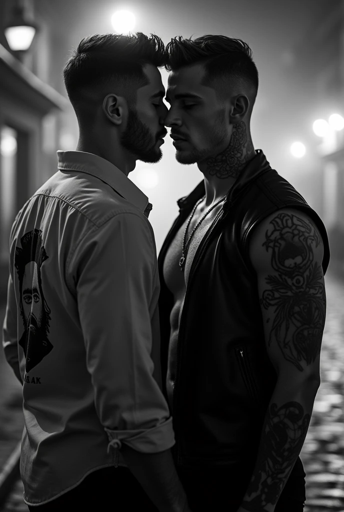 The protagonist's close-up multi-angle shooting.Midnight, street in Rome, two handsome young Italians, short hair, gay art, one wears a shirt with a beard on the back, the other wears a leather vest with tattoos, ambiguous atmosphere, film texture, ground reflection, romantic  background scattering 1.8 HD 8k real photos! Sex. Chest muscles! Chest hair! ((Monochrome)), ((grayscale)),tattoo. white hair Smoke, movie feeling! Movie lights! Award-winning poster Ambiguous and teasing