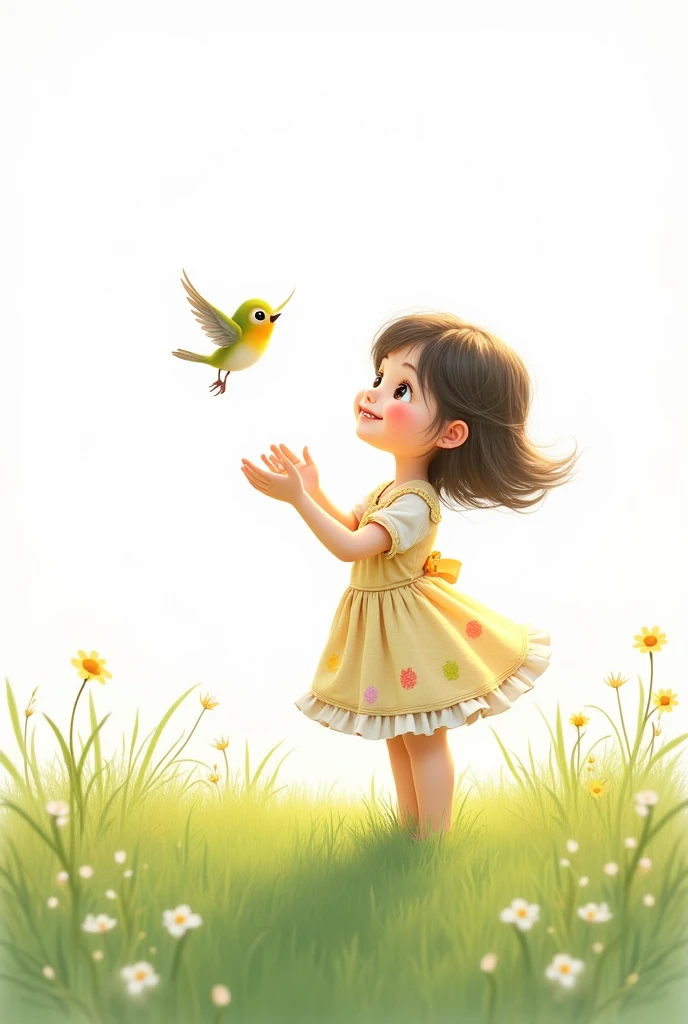 white background,best quality,cute liitle girl standing on grass,she look at the little bird,rais her hands to the little bird,cute little bird flying,cute colorful frock wearing the girl,smiling face