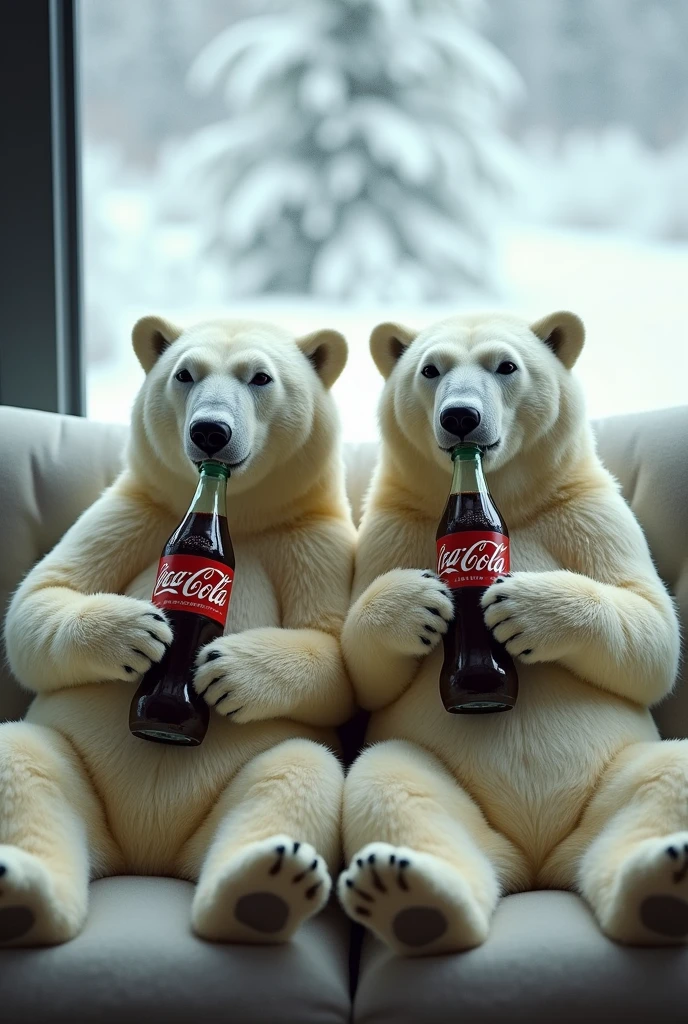 two polar bears in the snow sitting on a sofa each with a bottle of coca cola in their hand realistic photo