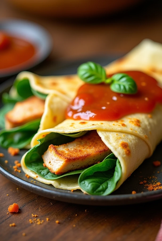 Round chicken crepe with spinach and lively chipotle chili sauce
