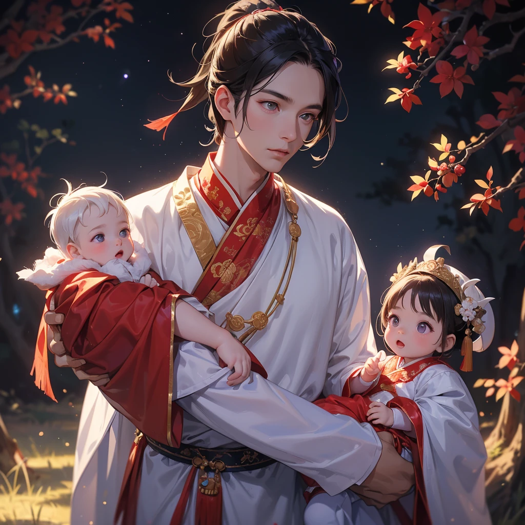 A -yead bab an ancient Chinese baby costume wiis beautiful mother, dressed in an white ancient Chinese costume, playing with each other, with his handsome father standing next to his mother, close up.
Background is a dark moonless night, with dry trees in the background, and purple glowing light