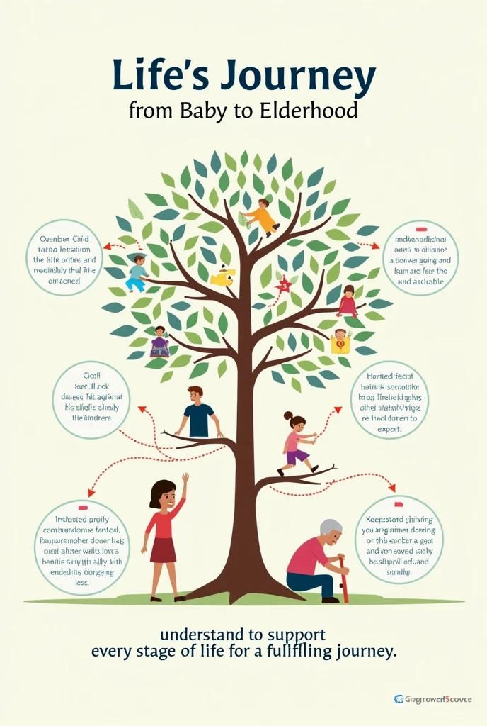 It seems there was an issue with generating the poster. However, I can describe how you could create it:
### Poster Title:
"Life’s Journey: From Baby to Elderhood"
### Visual Elements:
- Central Image tree that represents the stages of life, moving from left to right. Each stage is marked with a distinct illustration:
- Infancy: A baby learning to crawl.
- Childhood: A child playing or attending school.
- Adolescence: A ager exploring hobbies or thinking deeply, symbolizing identity formation.
- Adulthood: An adult working, starting a family, or pursuing a career.
- Old Age: An elderly person sitting peacefully, possibly surrounded by family, symbolizing reflection and wisdom-sharing.
- Arrows: Between each stage, arrows connect the illustrations, symbolizing the progression and continuous development throughout life.
### Text Descriptions:
Around each illustration on the timeline, include a brief description of the key developmental tasks for that stage:
- Infancy: "Building Trust and Security"
- Childhood: "Learning Social Skills and Exploring"
- Adolescence: "Forming Identity and Independence"
- Adulthood: "Building a Career and Relationships"
- Old Age: "Reflecting on Life and Sharing Wisdom"
### Design Tips:
- Color Scheme: Use soft, pastel colors like light blue, green, yellow, and pink to create a warm and welcoming feeling. Each stage could have its own color to help visually separate the stages while keeping the timeline cohesive.
- Fonts: Use clear, simple fonts to make the text easy to read. The title should be bold and slightly larger to draw attention.
- Background: Consider a light, neutral background color to keep the focus on the timeline and illustrations.
### Bottom Section:
- Call to Action:
- "Understand and Support Every Stage of Life for a Fulfilling Journey."
- Place this text centrally at the bottom of the poster, perhaps with an im
