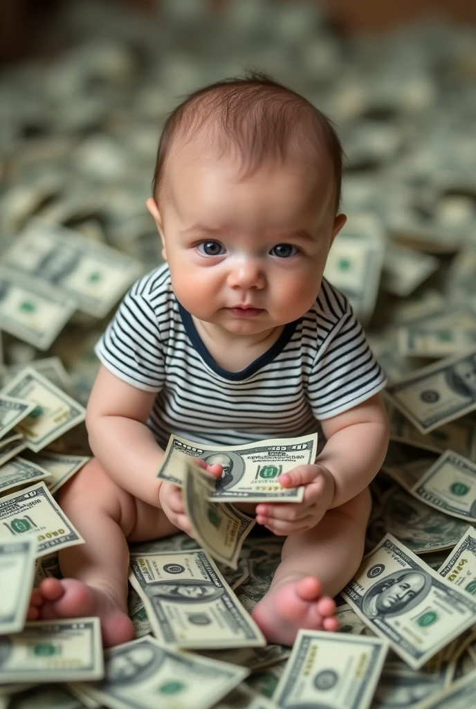 A new born boy, sitting in a pool of money, wearing stripped t-shirt, his hands full of money, giving money from both hands