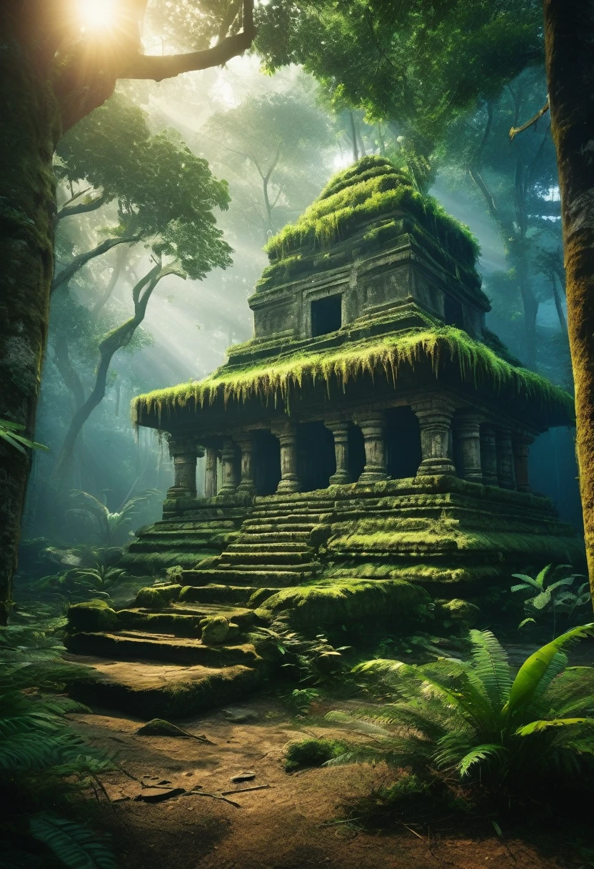 Create a rainforest with tribals wandering around an ancient ruins of a broken temple twilight in the atmosphere uv glowing cryptic tribal symbol in the forest shamans and tribals too standing along the tribe civilization blury cinematic lightings all in the forest floating photorealistic, natural lighting, ultra realistic photo, high quality, HDR, high resolution, smooth and delicate , noble and elegant, ultra-realistic photography vibe, shot with Canon camera, intricate details, award winning photography 32k --s 750 --v 6.1