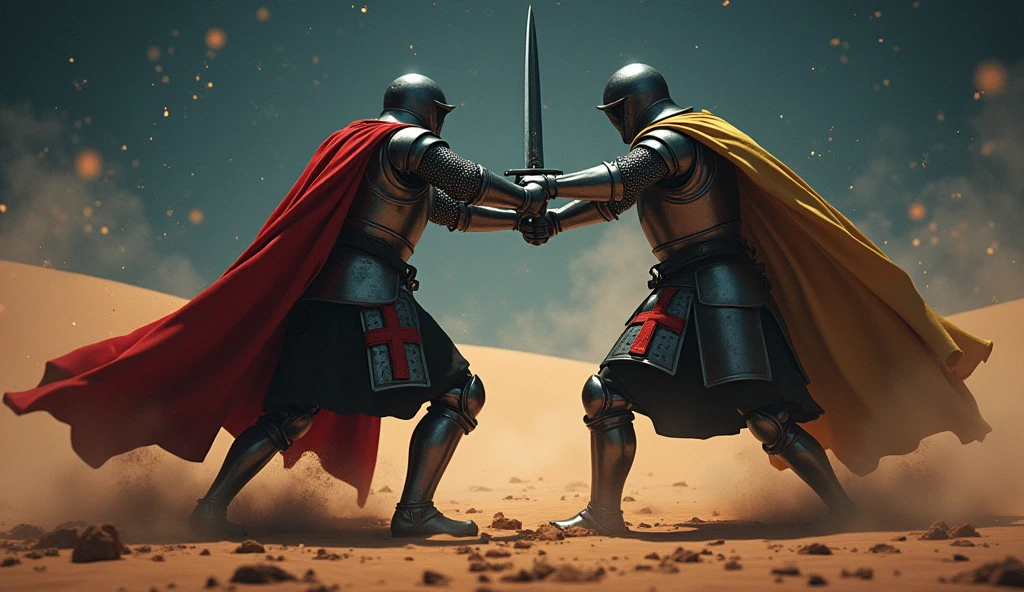 A highly realistic, high-contrast, 8K HD, detailed, hyper-detailed image of Crusader knights fighting with swords in a vast desert under the night sky. The Crusaders, clad in steel armor with red cross emblems on their tunics, engage in intense combat, their swords clashing under the eerie glow of the moonlight. The night sky is filled with stars, and the landscape is shadowed by the dim light, creating a tense and dramatic atmosphere. The sand beneath their feet is disturbed by the fierce battle, and the reflections from their armor add to the cinematic feel. The image captures the raw intensity of the battle, with the Crusaders' determination evident in their every movement. The scene is of the highest quality, with ultra-high resolution, RAW photo quality, and Unreal Engine rendering, portraying the epic and relentless fight in the heart of the desert at night.
