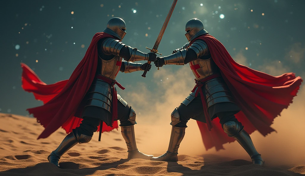A highly realistic, high-contrast, 8K HD, detailed, hyper-detailed image of Crusader knights fighting with swords in a vast desert under the night sky. The Crusaders, clad in steel armor with red cross emblems on their tunics, engage in intense combat, their swords clashing under the eerie glow of the moonlight. The night sky is filled with stars, and the landscape is shadowed by the dim light, creating a tense and dramatic atmosphere. The sand beneath their feet is disturbed by the fierce battle, and the reflections from their armor add to the cinematic feel. The image captures the raw intensity of the battle, with the Crusaders' determination evident in their every movement. The scene is of the highest quality, with ultra-high resolution, RAW photo quality, and Unreal Engine rendering, portraying the epic and relentless fight in the heart of the desert at night.
