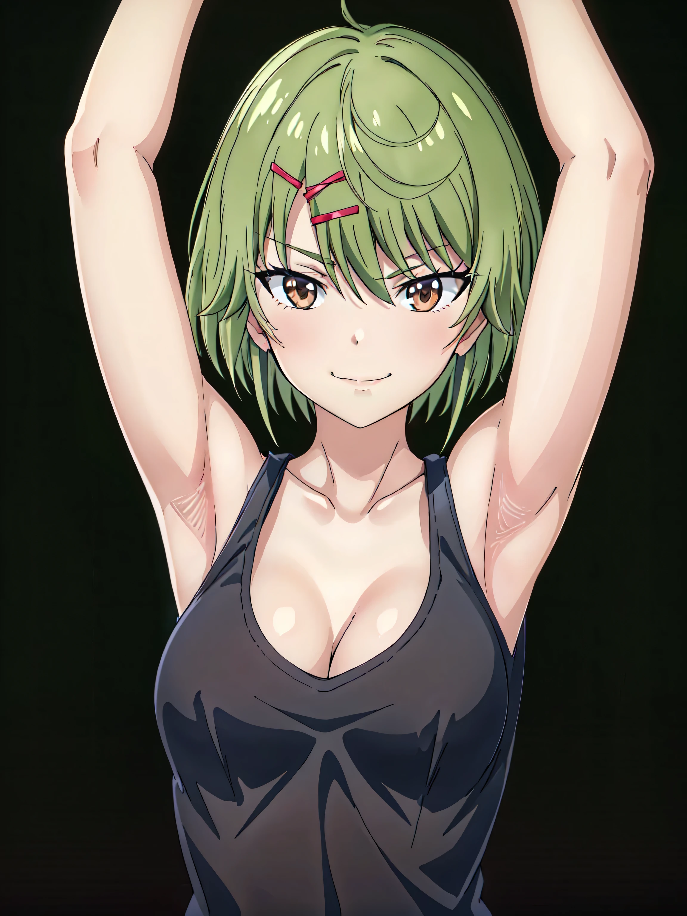 Manabe, (green hair, medium hair, hair ribbon, x hairclip:1.2), (brown eyes, shining brown eyes:1.3), medium breasts, cleavage, collarbone, tank top, black tank top, 1girl, solo, anime screencap, frontlighting, (simple background, black background, dark background:1.3), masterpiece, absurdres, hdr, soft light, best quality, detailed, highres, shiny skin, shiny hair, (looking at viewer, eye contact with viewer:1.5), smile, smug, (closed mouth:1.2), arms up, raised arms, armpits, in the center, symmetrical, upright,