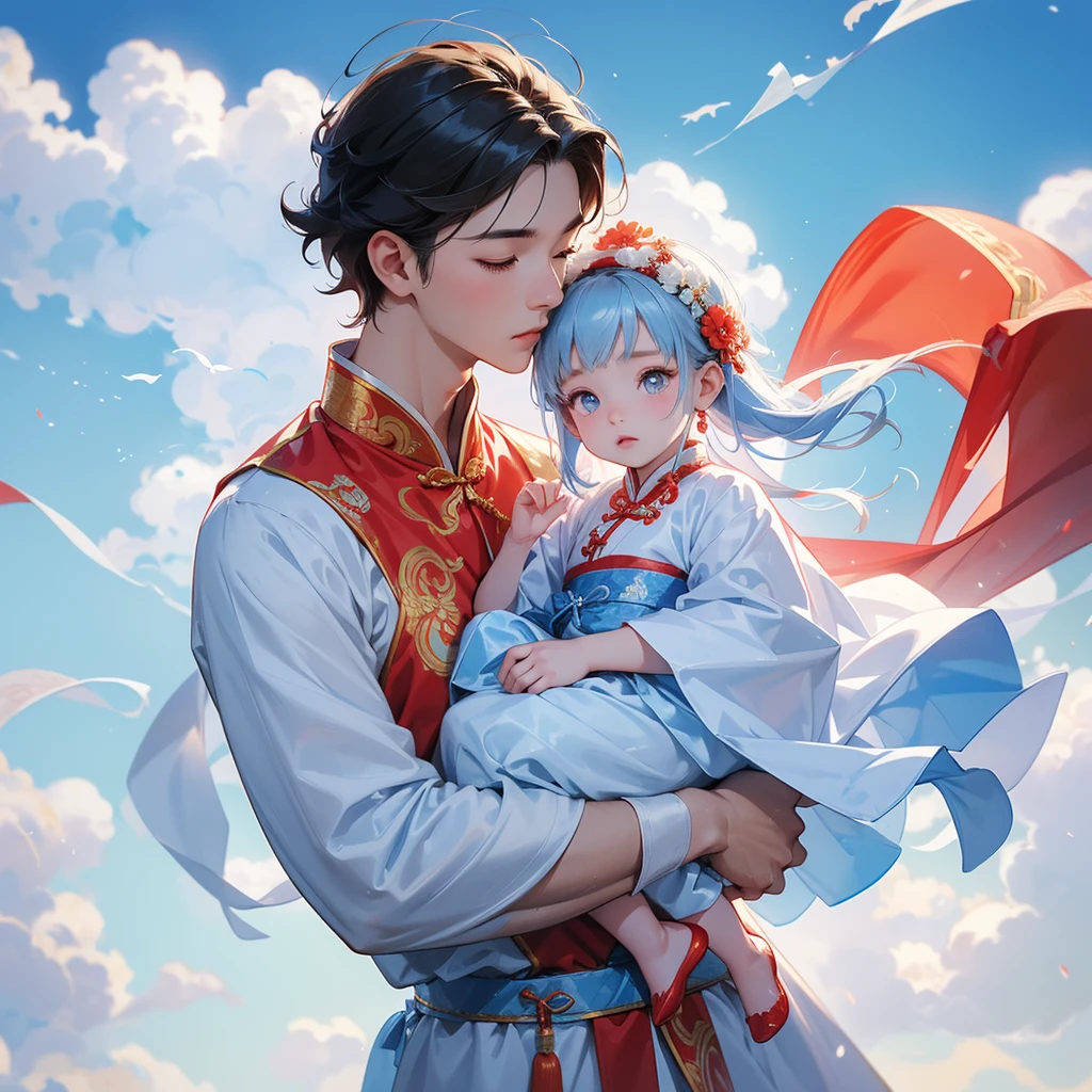 A one-year-old baby boy in an ancient Chinese baby costume with his beautiful mother, dressed in an white ancient Chinese costume, There are some floating clouds, playing with each other, with his handsome father standing next to his mother, close up.
Background is a blue sky, with low floating blue clouds all over the area.