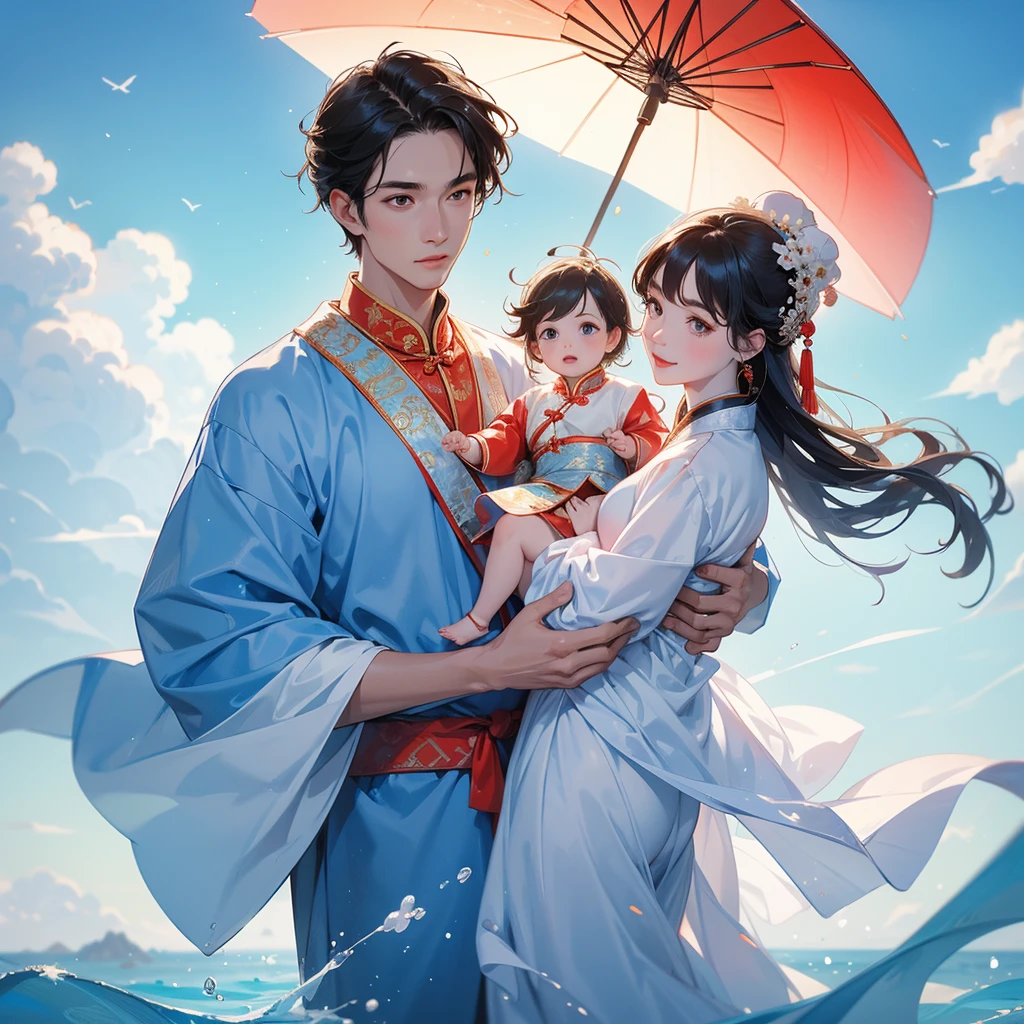 A one-year-old baby boy in an ancient Chinese baby costume with his beautiful mother, dressed in an white ancient Chinese costume, There are some floating clouds, playing with each other, with his handsome father standing next to his mother, close up.

Background is a blue sky, with low floating blue clouds all over the area.