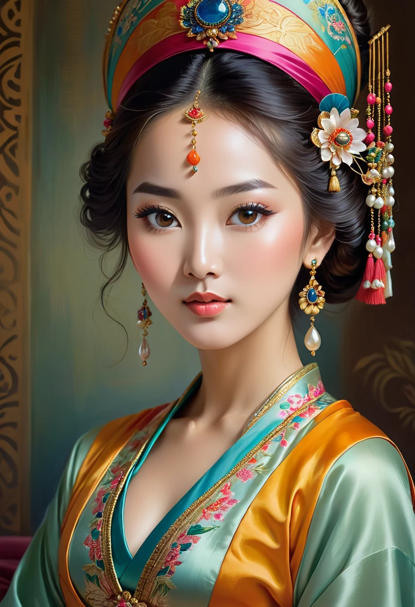 A stunning portrait of a young oriental woman, gracefully captured by talented artist Grace Paola Salome. The woman displays a style reminiscent of the work of Élisabeth-Louise Vigée Le Brun. She is adorned in traditional oriental attire, with a vibrant silk headpiece and intricate jewelry. Her serene expression and gentle gaze exude confidence and elegance., reflecting the artist&#39;s skillful touch.