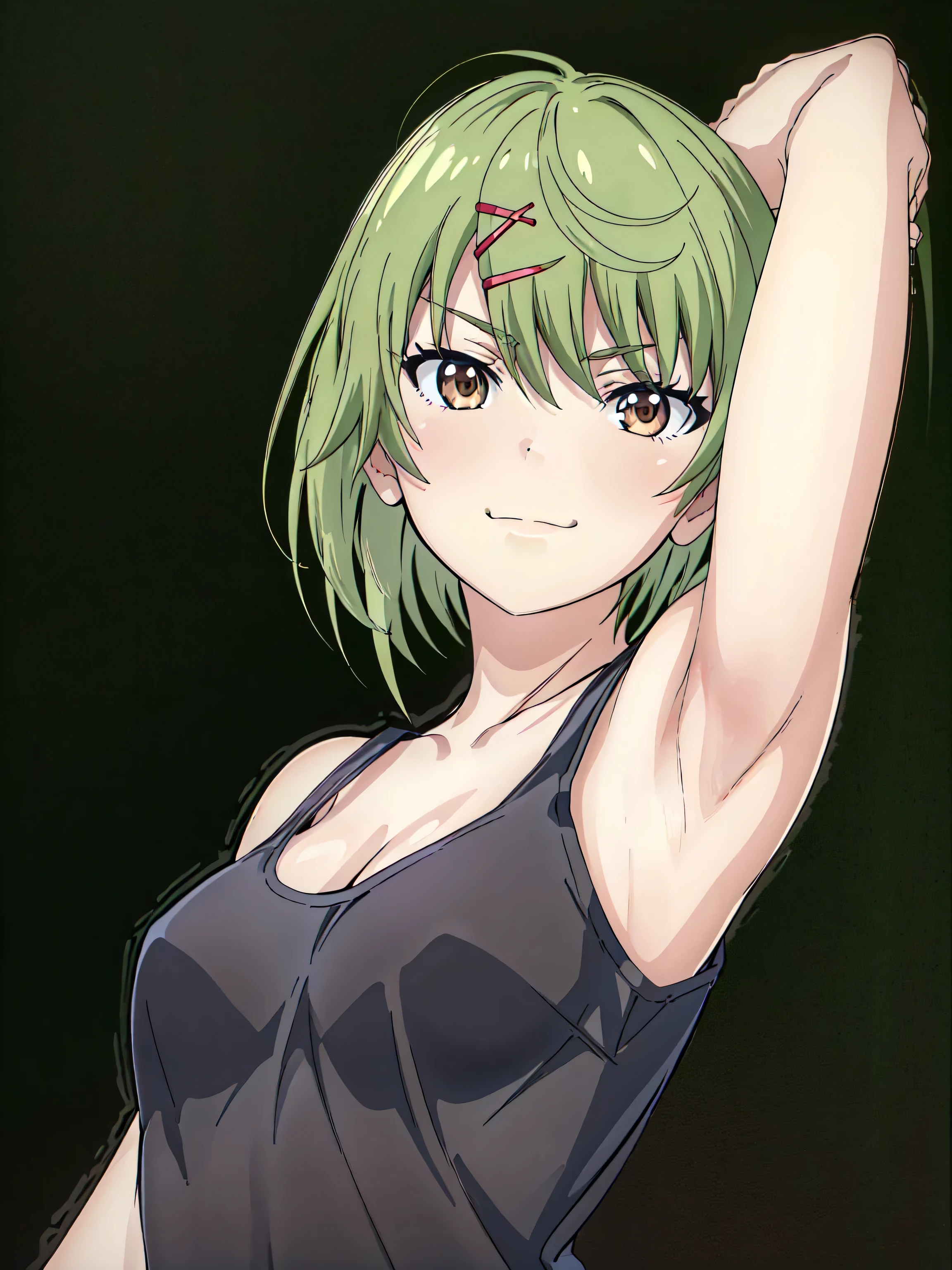 Manabe, (green hair, medium hair, hair ribbon, x hairclip:1.2), (brown eyes, shining brown eyes:1.3), medium breasts, cleavage, collarbone, tank top, black tank top, 1girl, solo, anime screencap, frontlighting, (simple background, black background, dark background:1.3), masterpiece, absurdres, hdr, soft light, best quality, detailed, highres, shiny skin, shiny hair, (looking at viewer, eye contact with viewer:1.5), smile, smug, (closed mouth:1.2), arm up, raised arm, armpit, (from side, from below:1.4)